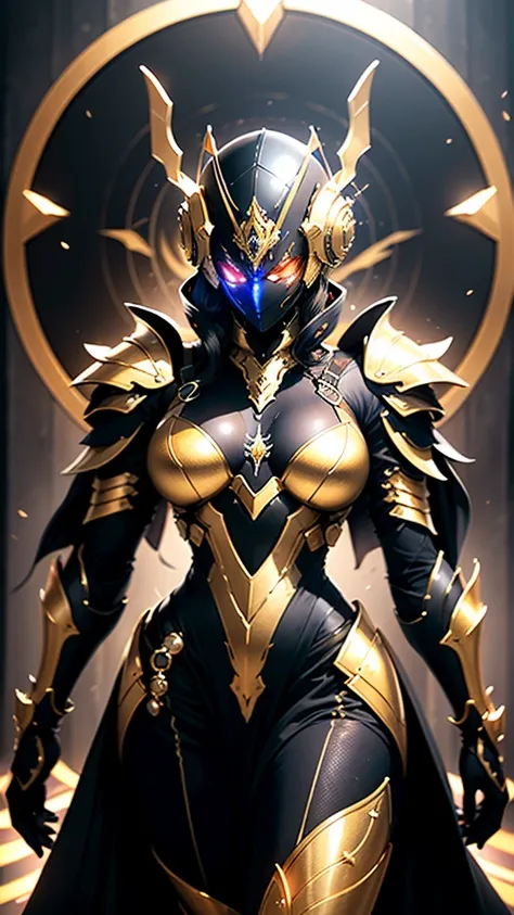 A woman adorned in fantasy-style full-body armor, a crown-concept fully enclosed helmet that unveils only her eyes, a composite layered chest plate, fully encompassing shoulder and hand guards, a lightweight waist armor, form-fitting shin guards, the overa...