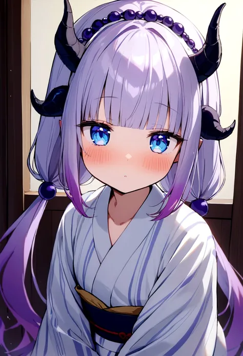 best quality, masterpiece, highres, solo, {yukata:1.40}, {kimono:1.20}, {kanna_kamui_kobayashisanchinomaidragon:1.15}, long_hair, light_purple_hair, blue_eyes, hair_ornament, bangs, blush, multicolored_hair, twintails, blunt_bangs, hair_beads, beads, hairb...