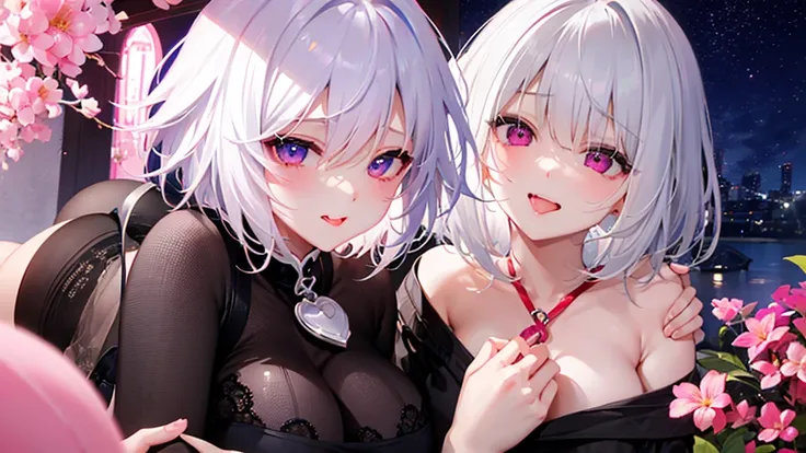 White Hair、Pink Eyes、Short Hair、laughing、Only one girl、alone、Cute、Face is close、Night、laughing、At the bed、Blushing、Erotic、Stick your tongue out、Only one person、Sweating