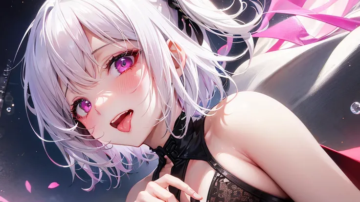 White Hair、Pink Eyes、Short Hair、laughing、Only one girl、alone、Cute、Face is close、Night、laughing、At the bed、Blushing、Erotic、Stick your tongue out、Sweating