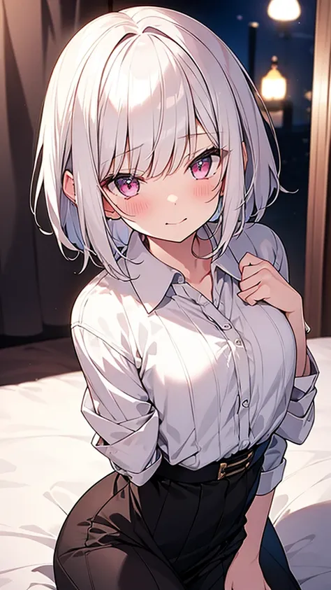 White Hair Girl、Pink Eyes、Short Hair、Only one girl、Night、In the bedroom、Blushing、laughing