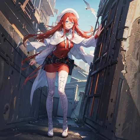 summonnightaty, aty, (young:1.3),long hair, blue eyes, red hair, big_tits, hat, glasses,
BREAK long hair, thighhighs, hat, dress, naked_legs, glasses, belt, cape, sweater, zettai ryouiki, beret, thigh boots, white footwear, ribbed sweater, loose belt,solo,...