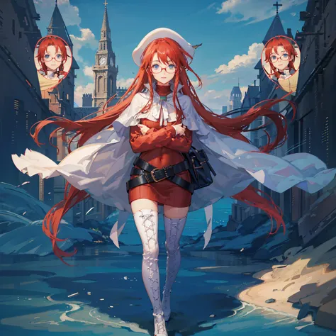 summonnightaty, aty, (young:1.3),long hair, blue eyes, red hair, big_tits, hat, glasses,
BREAK long hair, thighhighs, hat, dress, naked_legs, glasses, belt, cape, sweater, zettai ryouiki, beret, thigh boots, white footwear, ribbed sweater, loose belt,solo,...