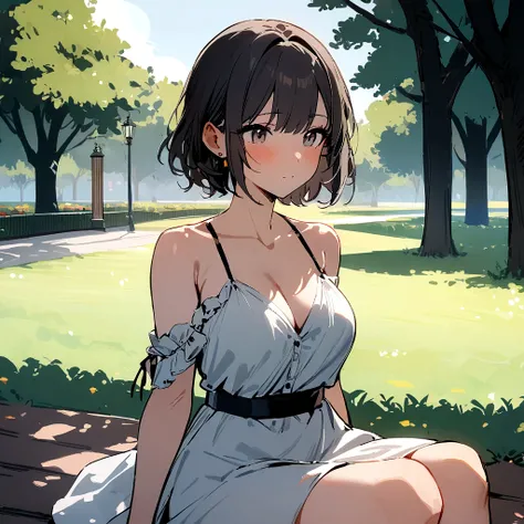 High res, masterpiece, 1girl, short hair  , sit in park ,wearing 