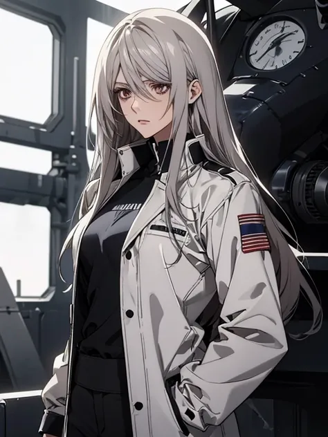 (Confused, High resolution, Very detailed), 1 female, Silver Hair,Long Hair,Reddish brown eyes,White and black pilot suit,White long coat,Navy blue skinny pants,24th generation,beauty,mature,thin,quiet,Calm,Hangar,talk,Intimidation,Unpleasant,Annoying,Whit...