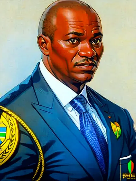 detailed black and white and realistic portrait of african president oligui in black suit, shaved head with white background, st...