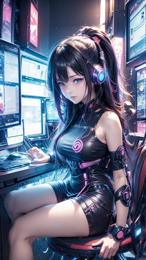 anime girl sitting in front of a computer desk with headphones on, cyberpunk art by yuumei, trending on pixiv, computer art, nig...