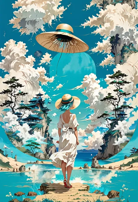 Illustration of a girl wearing a straw hat,Standing stunned,(The girl is depicted large:1.4),Landscape,Style of Japan painting,White dress,Turquoise Hair,Twin tails,Pitiful,Emerald blue sea background,Cumulonimbus cloud debris,Highest quality,Ultra-high re...