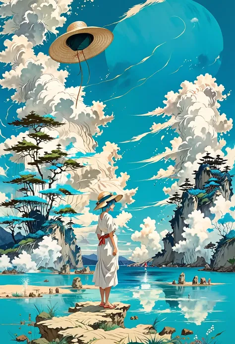 Illustration of a girl wearing a straw hat,Standing stunned,(The girl is depicted large:1.4),Landscape,Style of Japan painting,White dress,Turquoise Hair,Twin tails,Pitiful,Emerald blue sea background,Cumulonimbus cloud debris,Highest quality,Ultra-high re...