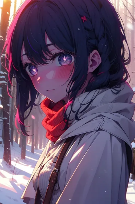 aihoshino, ai hoshino, Long Hair, bangs, (Purple eyes:1.1), Purple Hair, (Symbol-shaped pupil:1.5), smile,,smile,blush,White Breath,
Open your mouth,snow,Ground bonfire, Outdoor, boots, snowing, From the side, wood, suitcase, Cape, Blurred, , forest, White...