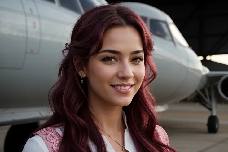 ((cinematic shot)) DV_little finger_Vicious has long curly pink hair and a cute smile and is wearing a heroine outfit. (Inside an airplane hangar overlooking the airfield) explosion, por Christopher Nolan, 35mm, F/2.8, Incredibly detailed and intricate, pe...