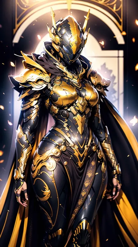 a woman adorned in fantasy-style full-body armor, a crown-concept fully enclosed helmet that unveils only her eyes, a composite ...