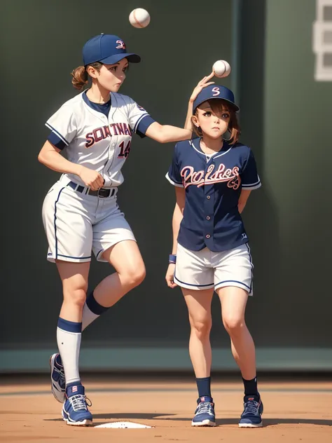 a young woman, wearing a baseball uniform, hit the ball just right, sweating, wearing shorts