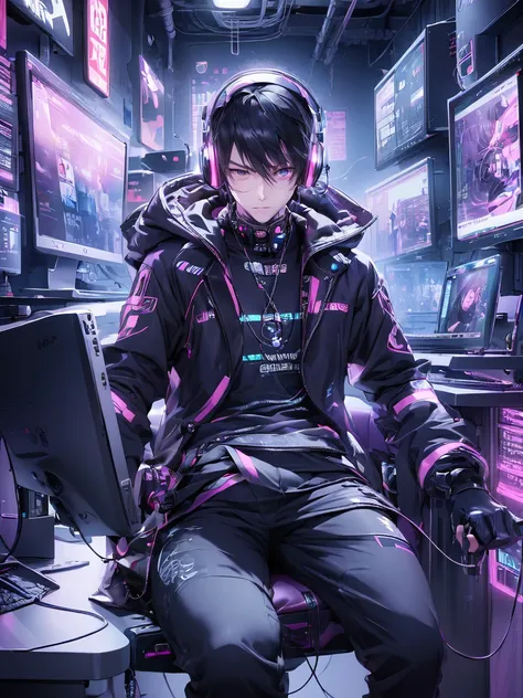 anime boy sitting in front of a computer desk with headphones on, cyberpunk art by yuumei, trending on pixiv, computer art, nigh...