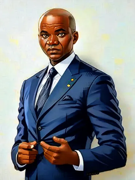 detailed black and white and realistic portrait of african president oligui in black suit, shaved head with white background, st...