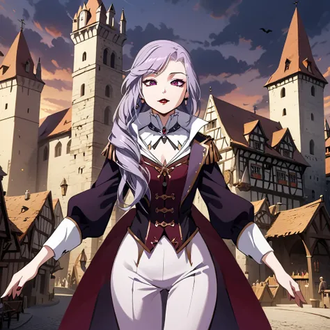 1girl, solo, Sonata, purple hair, vampire, medieval city background