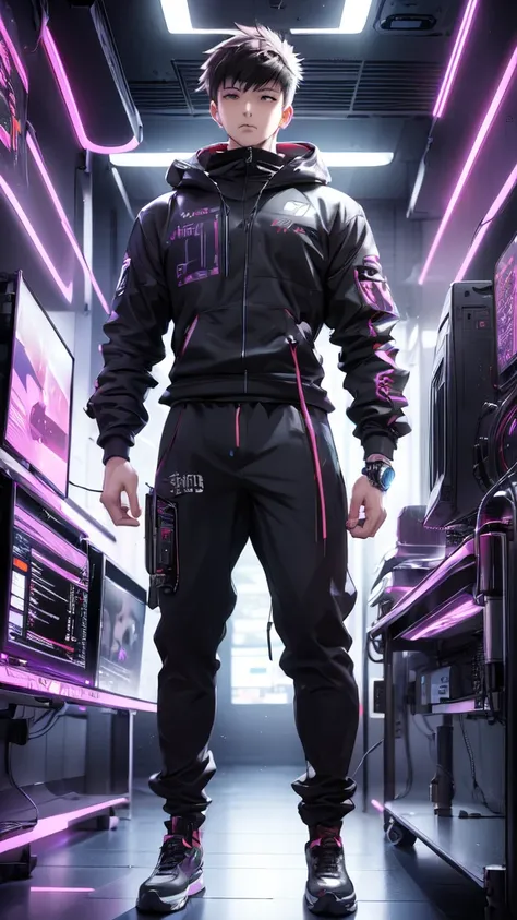 anime boy standing in front of a computer desk, cyberpunk art by yuumei, trending on pixiv, computer art, nightcore, anime style...