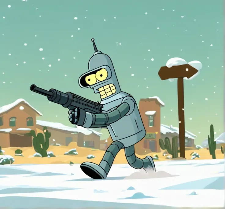 bender holding uzi gun and shotgun running cross street in desert at snow