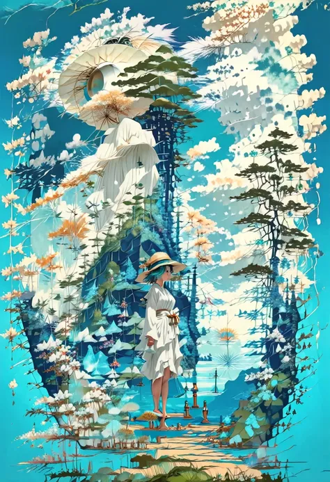 Illustration of a girl wearing a straw hat,Standing stunned,(The girl is drawn very large:1.4),White dress,Turquoise Hair,Twin tails,Landscape,Pitiful,Style of Japan painting,Emerald blue sea background,Cumulonimbus cloud debris,Highest quality,Ultra-high ...