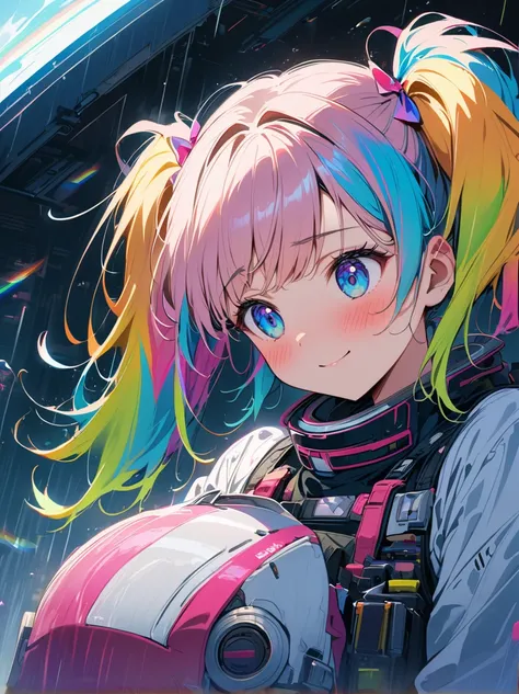 Hair shaking, victory, Long eyelashes, Solid round eye, A faint smile, ear blush, direction, (((Rainbow hair))), cosmetic, blush, sad, sad smile, shadow, Relief, Atmospheric perspective, 8K, Super Detail, precise, best quality, (Cyberpunk), Bright Lights, ...