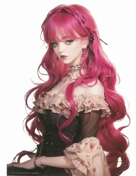 woman with pink hair, jade color eyes and a gothic black dress , beautiful woman