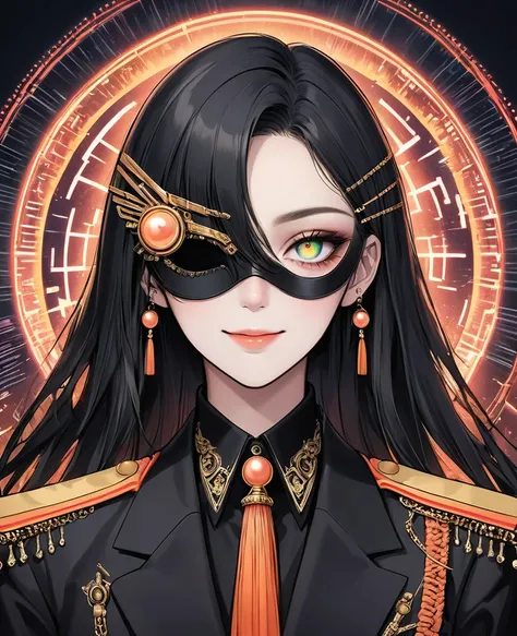 (Digital Illustration，Detailed anime style，Heavy Metal Cyberpunk，Pearl tassel eye mask，Girl wearing eye mask，out a hand，Solitary，symmetry)，(Big colorful eyes，Fashionable and exquisite facial features，Exquisite makeup，Smooth skin，Smile，Soulful gaze，)，(Strai...