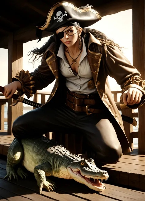 alligator pirate, pirate hat, pirate jacket, belt with sword, eyepatch, one foot on barrel of rum, poses on pier, detailed reptilian features, detailed pirate costume, dramatic lighting, cinematic composition, highly detailed, photorealistic, award winning...