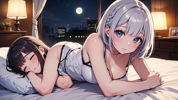 Ultra-high resolution,masterpiece, Attention to detail, Highest quality, 4K,(Silver braided short bob),(heavy chest,Captivating body、Ultra-detailed skin、Beautiful eyes、Detailed Background),1 girl、(lie face down, sleeping,Lying down)、bed、night、I can see the...