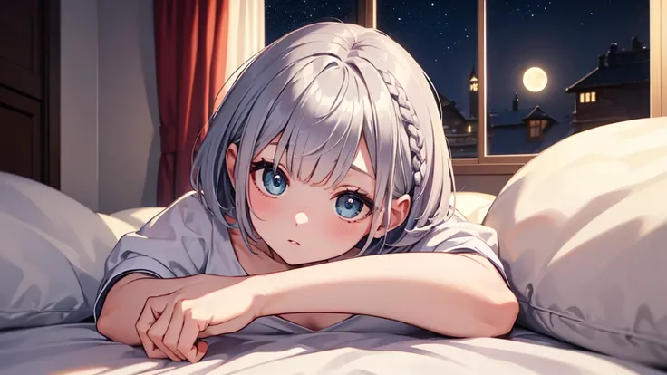 Ultra-high resolution,masterpiece, Attention to detail, Highest quality, 4K,(Silver braided short bob),(heavy chest,Captivating body、Ultra-detailed skin、Beautiful eyes、Detailed Background),1 girl、(lie face down, sleeping,Lying down)、bed、night、I can see the...