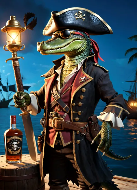 alligator pirate, pirate hat, pirate jacket, belt with sword, eyepatch, one foot on barrel of rum, poses on pier, detailed reptilian features, detailed pirate costume, dramatic lighting, cinematic composition, highly detailed, photorealistic, award winning...