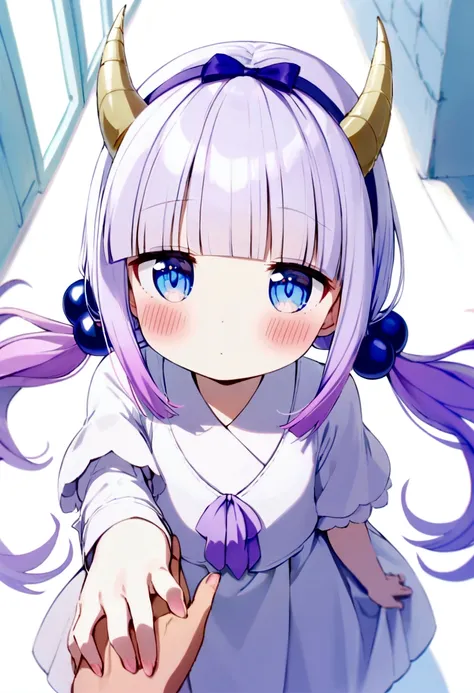  {kanna_kamui_kobayashisanchinomaidragon:1.15}, long_hair, light_purple_hair, blue_eyes, hair_ornament, bangs, blush, multicolored_hair, twintails, blunt_bangs, hair_beads, beads, hairband, gradient_hair, low_twintails, horns, dragon_horns, purple_hair,chi...