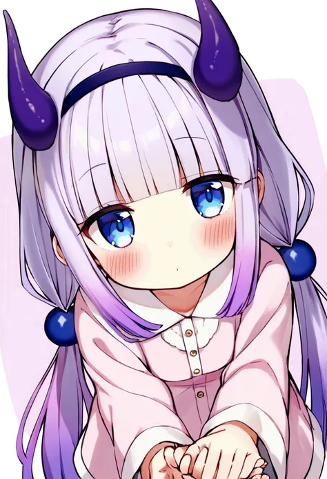  {kanna_kamui_kobayashisanchinomaidragon:1.15}, long_hair, light_purple_hair, blue_eyes, hair_ornament, bangs, blush, multicolored_hair, twintails, blunt_bangs, hair_beads, beads, hairband, gradient_hair, low_twintails, horns, dragon_horns, purple_hair,chi...