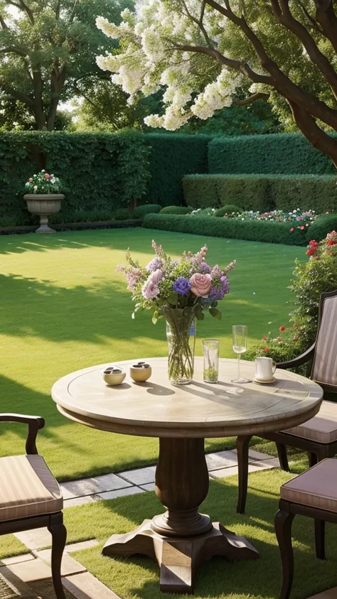 a vase placed on a table in a garden with all the flowers around the table and a tree far away 