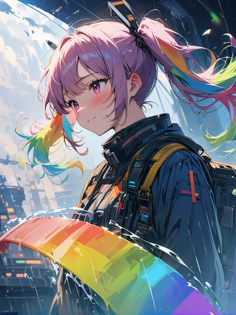 Hair shaking, victory, Long eyelashes, Solid round eye, A faint smile, ear blush, direction, (((Rainbow hair))), cosmetic, blush, sad, sad smile, shadow, Relief, Atmospheric perspective, 8K, Super Detail, precise, best quality, (Cyberpunk), Bright Lights, ...