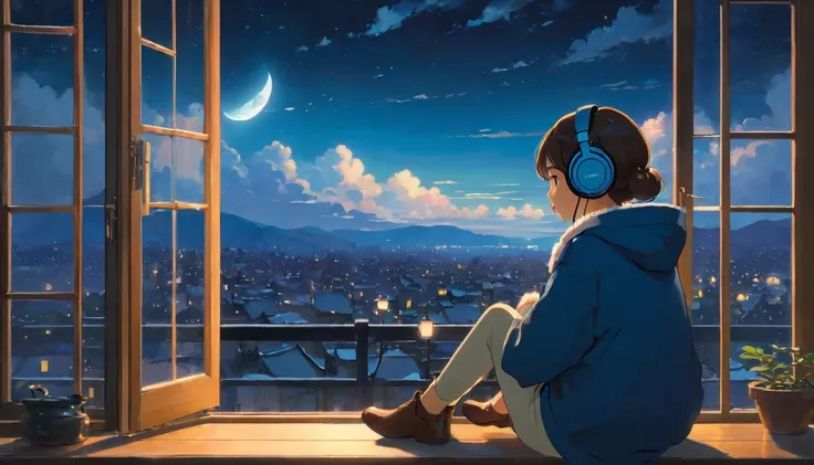 The style of Ghibli animation，The night sky appears deep and calm，The clouds are very thick，The moonlight shines through the gaps in the clouds，Appear soft and warm。A girl，Sitting by the window，Wearing headphones，His eyes were staring into the distance，My ...