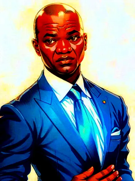 detailed black and white and realistic portrait of african president oligui in black suit, shaved head with white background, st...