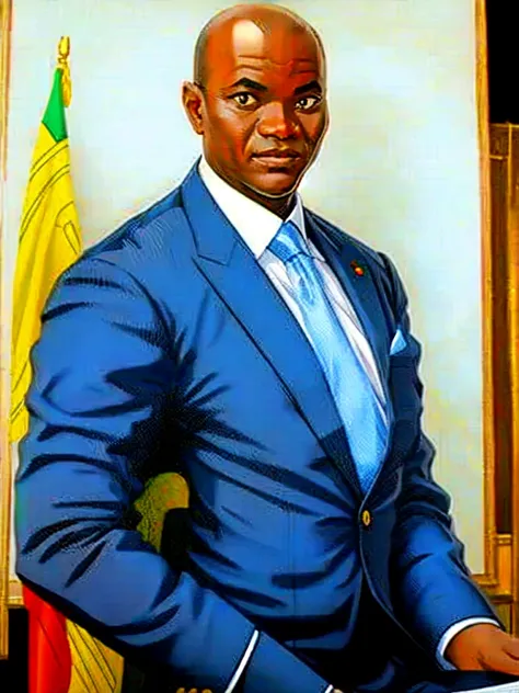 detailed black and white and realistic portrait of african president oligui in black suit, shaved head with white background, st...