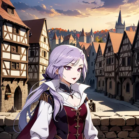 1girl, solo, Sonata, purple hair, vampire, medieval city background