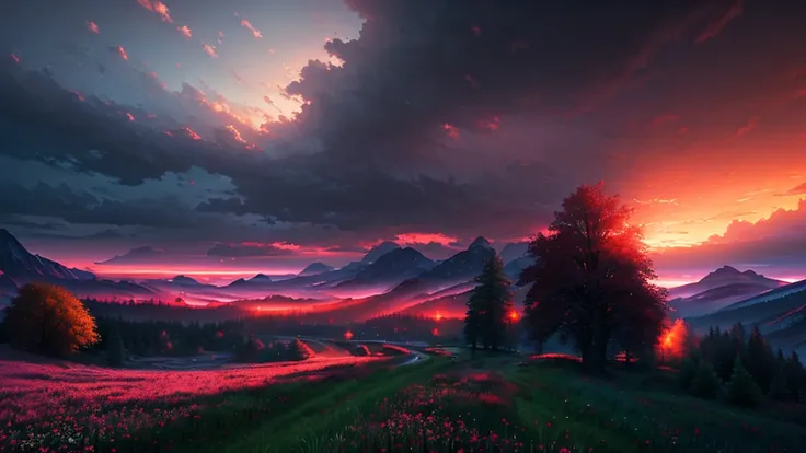 A real photographic landscape painting,Expansive view,Ominous sky,Red rose,Bright style,Light effect,Clearing,Clearing,Unreal engine,Thomas kinkade,artstation