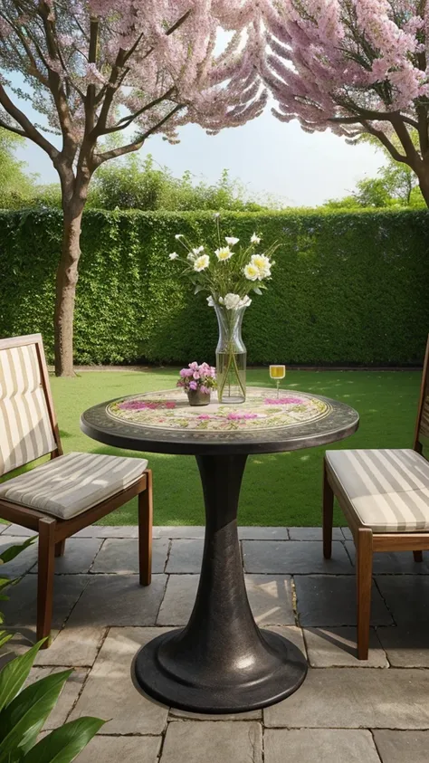 a vase placed on a table in a garden with all the flowers around the table and a tree far away and flowers in the vase representing name tripti .