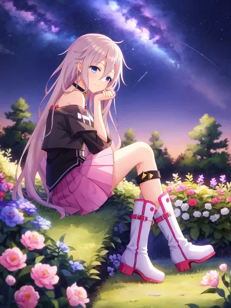 one girl, ia, vocaloid, skirt, black shirt, off shoulder, choker, beauty, girl from other planet, happy, mysterious girl, face f...