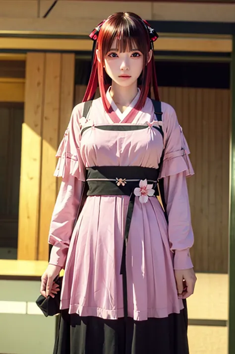 nino nakano, short hair, bangs, blue eyes, hair ornaments, Hair Ribbon, Pink Hair, blunt bangs, Both sides up, butterfly hair ornaments, skirt, Off the shoulder、Random color see-through kunoichi costume、Japanese see-through female samurai costume、See-throu...