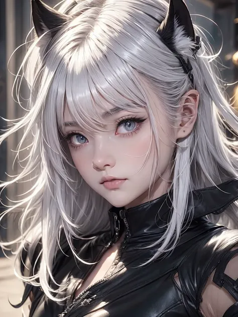 close-up image of a white-haired person famale wearing a black shirt, short hair, full face, animal ears, wolfe, digital art, ar...