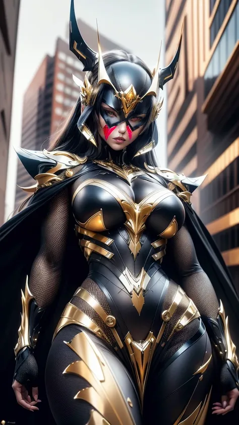 a woman adorned in fantasy-style full-body armor, a crown-concept fully enclosed helmet that unveils only her eyes, a composite ...