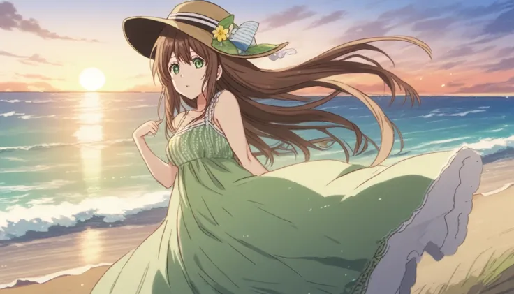 Hina Tachibana, long hair, brown hair, green eyes, Summer Dress, long dress, Beach, wind, pleasure, sunset, hat
