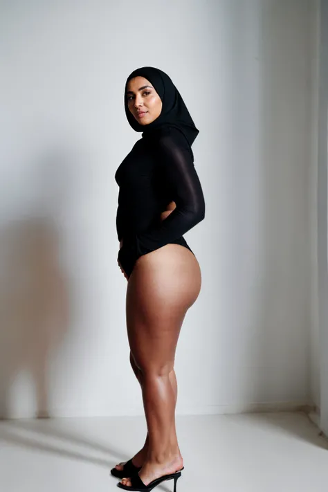 RAW photo,candid photograph, full body,photo of a beautiful,modern,25yo Moroccan woman,black hijab, detailed skin, naked, looking at viewer, chubby body structure,white background,no background, candid pose,blue light, film grain, kodak color, instagram LU...