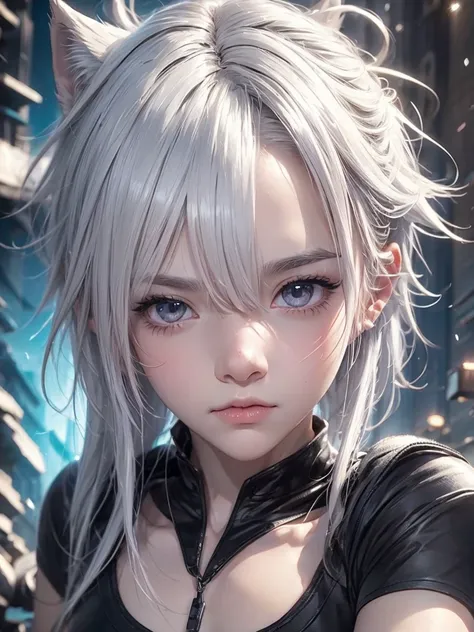 close-up image of a white-haired person boy wearing a black shirt, short hair, full face, animal ears, wolfe, digital art, artwo...