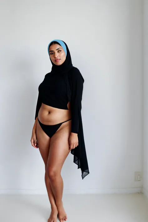 RAW photo,candid photograph, full body,photo of a beautiful,modern,25yo Moroccan woman,black hijab, detailed skin, naked, looking at viewer, chubby body structure,white background,no background, candid pose,blue light, film grain, kodak color, instagram LU...