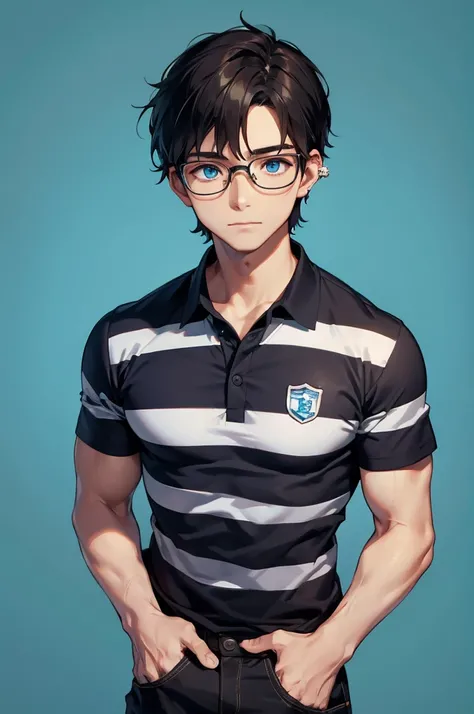 Boy, charming, Black hair with brown highlight, blue Aqua eyes, Wears Blue and white stripe polo shirt,wears Circle shape Glasses,black pierce on his left ear, flat green background 