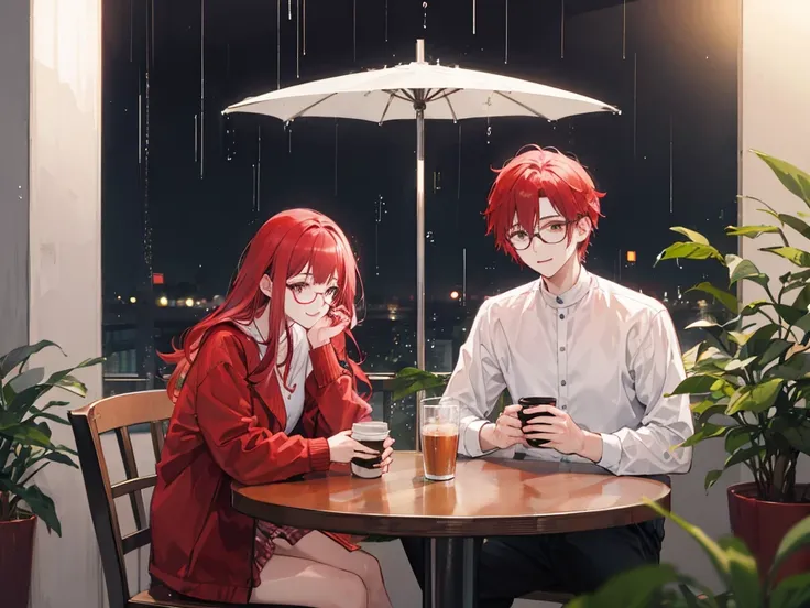 A red-haired woman and a man with glasses are drinking coffee and talking happily at night and it is raining, 28 years old
